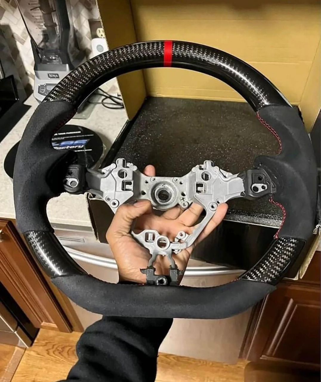 CEEHOR Carbon Fiber & Suede Steering Wheel with Red Stripe for Subaru WRX/STI